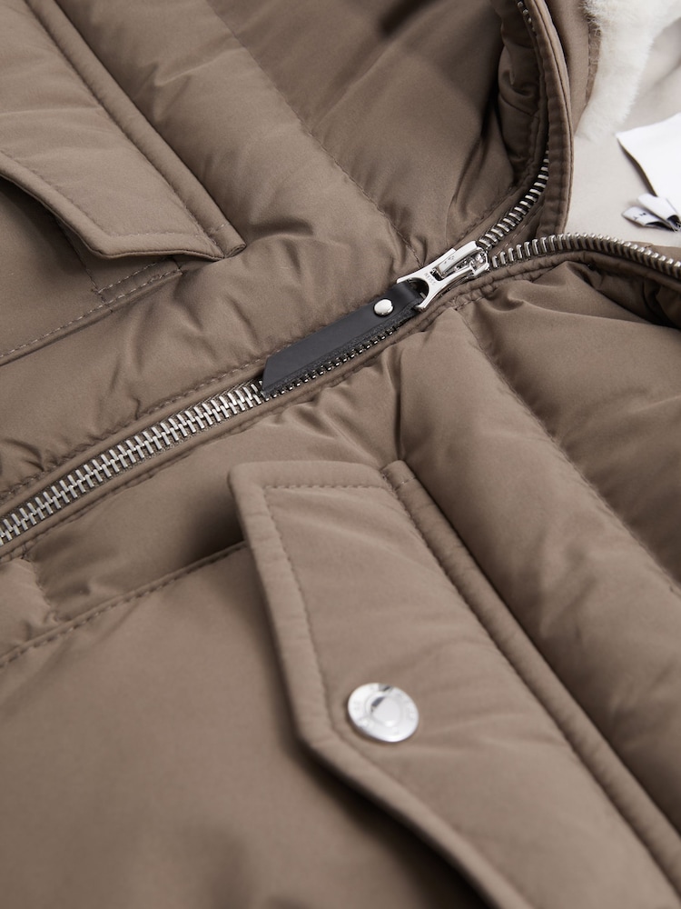Reiss Mushroom Brown Mist Padded Faux Fur Coat - Image 7 of 7