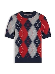 Tommy Hilfiger Blue Argyle Short Sleeve Jumper - Image 5 of 5