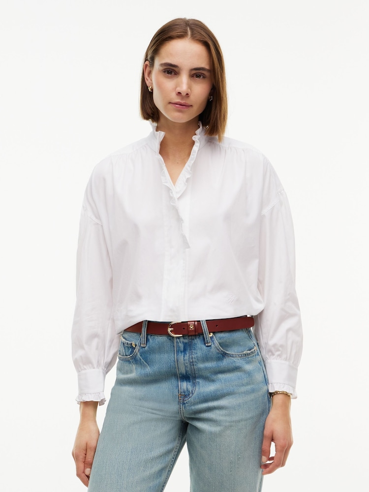 Tommy Hilfiger White Oversized Fit Ruffle Collar Poplin Shirt - Image 1 of 5 Tommy Hilfiger White Oversized Fit Ruffle Collar Poplin Shirt - Image 1 of 5