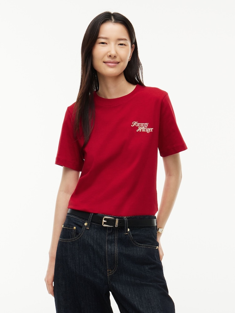Tommy Hilfiger Red Logo Jersey Crew Neck T-Shirt - Image 1 of 5 Tommy Hilfiger Red Logo Jersey Crew Neck T-Shirt - Image 1 of 5