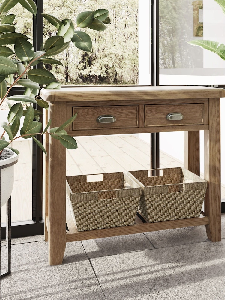 K Interiors Brown Embleton Solid Wood Console Table with 2 Storage Baskets - Image 1 of 4