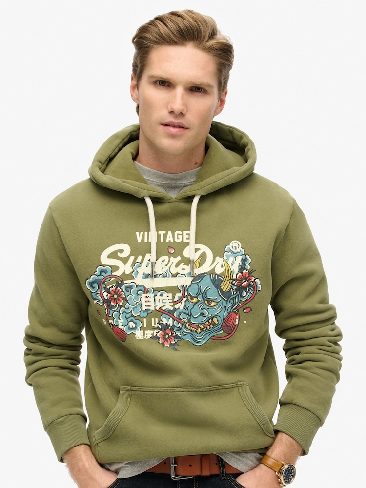 Superdry Soft Moss Green Tokyo Vintage Logo Hoodie - Image 1 of 6
