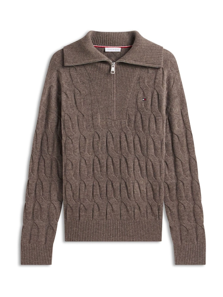 Marrón - Tommy Hilfiger Pure Wool Cable Knit Quarter-Zip Jumper - Imagen 5 de 5