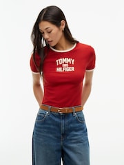 Tommy Hilfiger Red Flock Varsity Logo Slim Ringer T-Shirt - Image 1 of 5