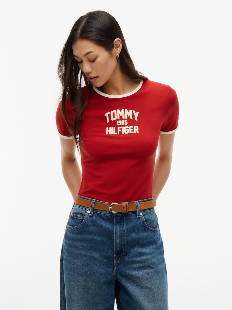 Tommy Hilfiger Red Flock Varsity Logo Slim Ringer T-Shirt - Image 1 of 5