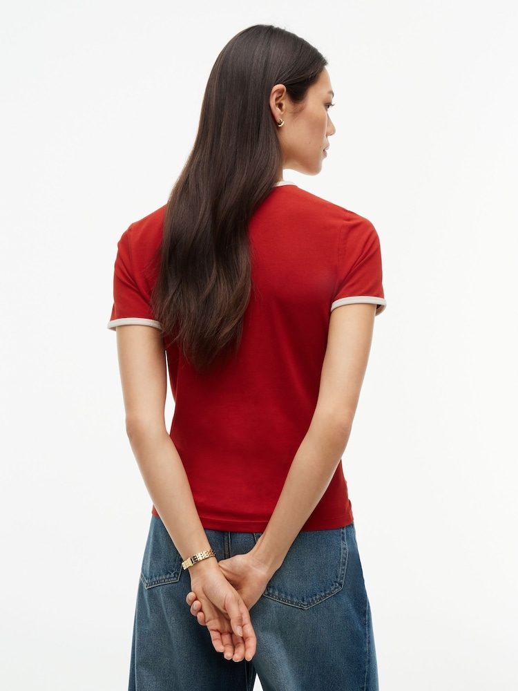 Tommy Hilfiger Red Flock Varsity Logo Slim Ringer T-Shirt - Image 2 of 5