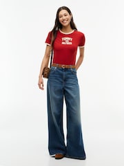 Tommy Hilfiger Red Flock Varsity Logo Slim Ringer T-Shirt - Image 3 of 5