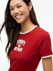 Tommy Hilfiger Red Flock Varsity Logo Slim Ringer T-Shirt - Image 4 of 5