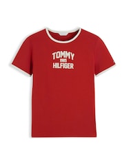 Tommy Hilfiger Red Flock Varsity Logo Slim Ringer T-Shirt - Image 5 of 5