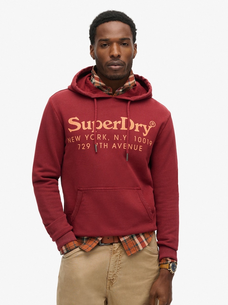 Superdry Wine Red 100% Cotton Tonal Venue Logo Hoodie - Image 1 of 6 Superdry Wine Red 100% Cotton Tonal Venue Logo Hoodie - Image 1 of 6