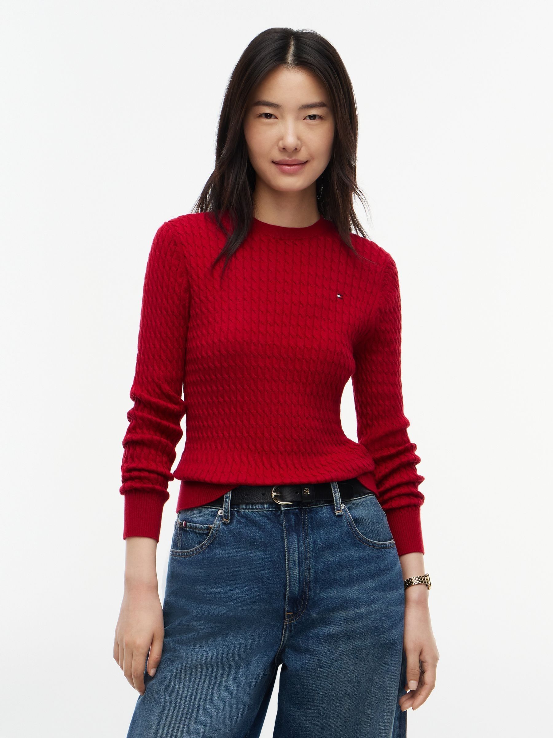 Tommy Hilfiger Fine Cable Knit Crew Neck Jumper, Pink, Size Xl, Women - Image 4