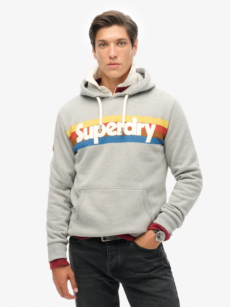 Superdry Grey Marl Retro Stripe Logo Hoodie - Image 1 of 4