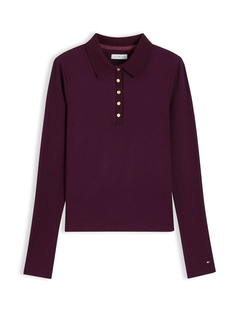 Tommy Hilfiger Red Slim Fit Ribbed Long Sleeve Polo Shirt - Image 5 of 5 Tommy Hilfiger Red Slim Fit Ribbed Long Sleeve Polo Shirt - Image 5 of 5
