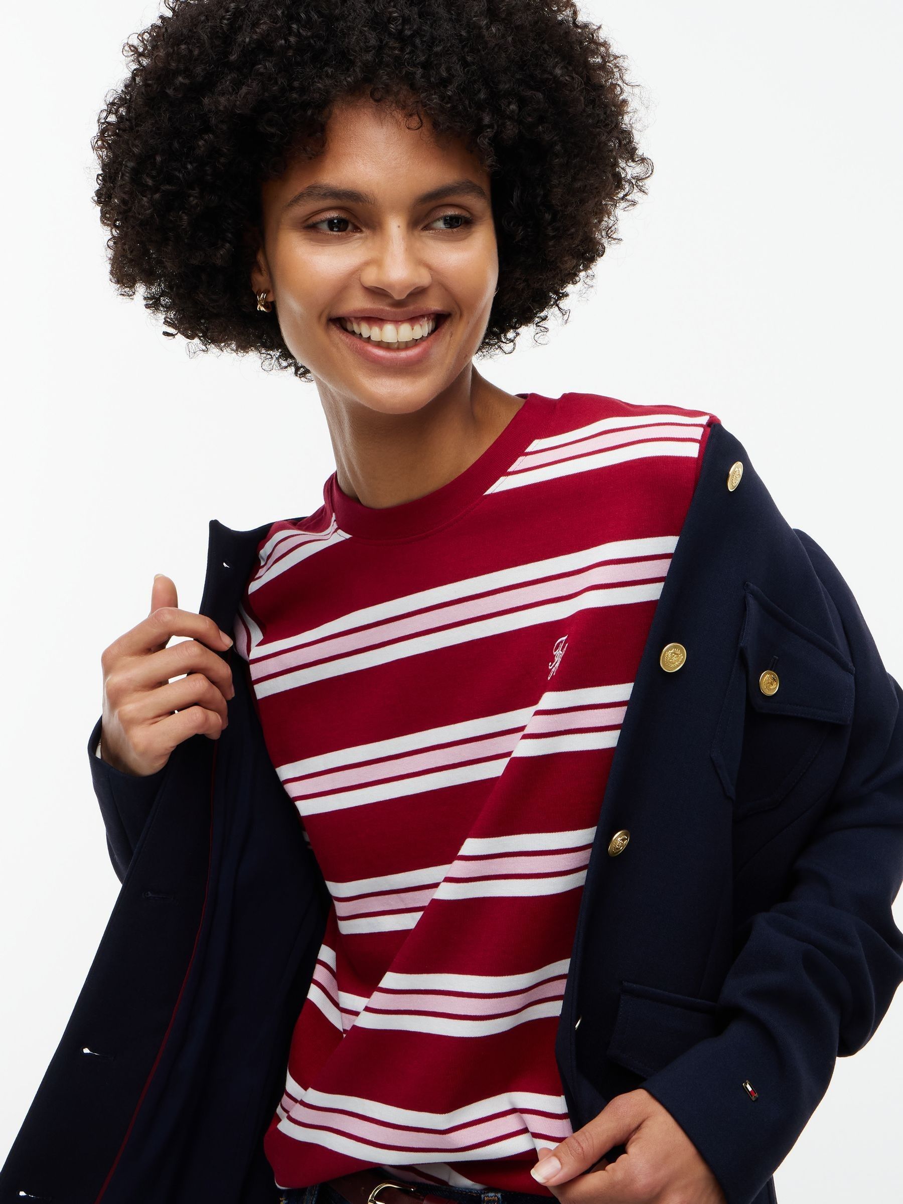Tommy Hilfiger Women's Red Rugby Stripe Logo Embroidery Relaxed T-Shirt - Image 1