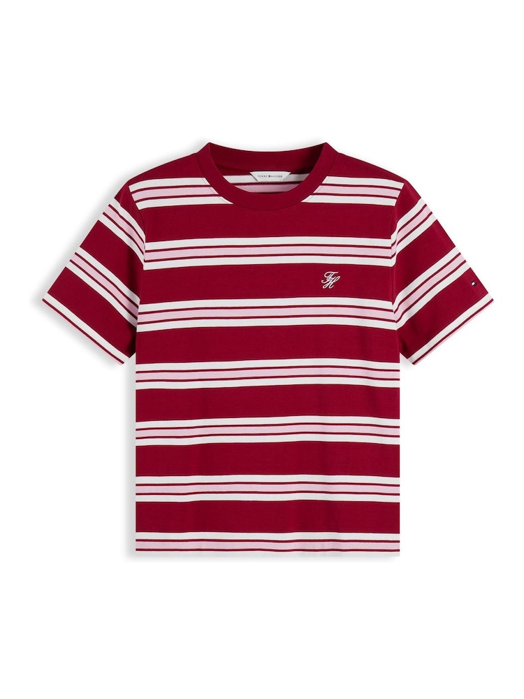 Tommy Hilfiger Red Rugby Stripe Logo Embroidery Relaxed T-Shirt - Image 1 of 2 Tommy Hilfiger Red Rugby Stripe Logo Embroidery Relaxed T-Shirt - Image 1 of 2