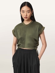 AllSaints Green Mira Satin T-Shirt - Image 1 of 6