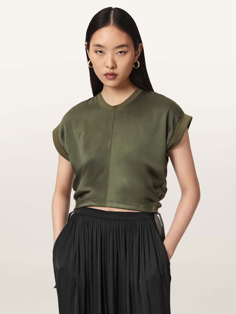 AllSaints Green Mira Satin T-Shirt - Image 1 of 6