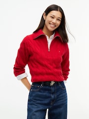 Tommy Hilfiger Red Pure Wool Cable Knit Quarter-Zip Jumper - Image 1 of 5