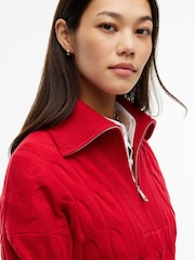 Tommy Hilfiger Red Pure Wool Cable Knit Quarter-Zip Jumper - Image 4 of 5