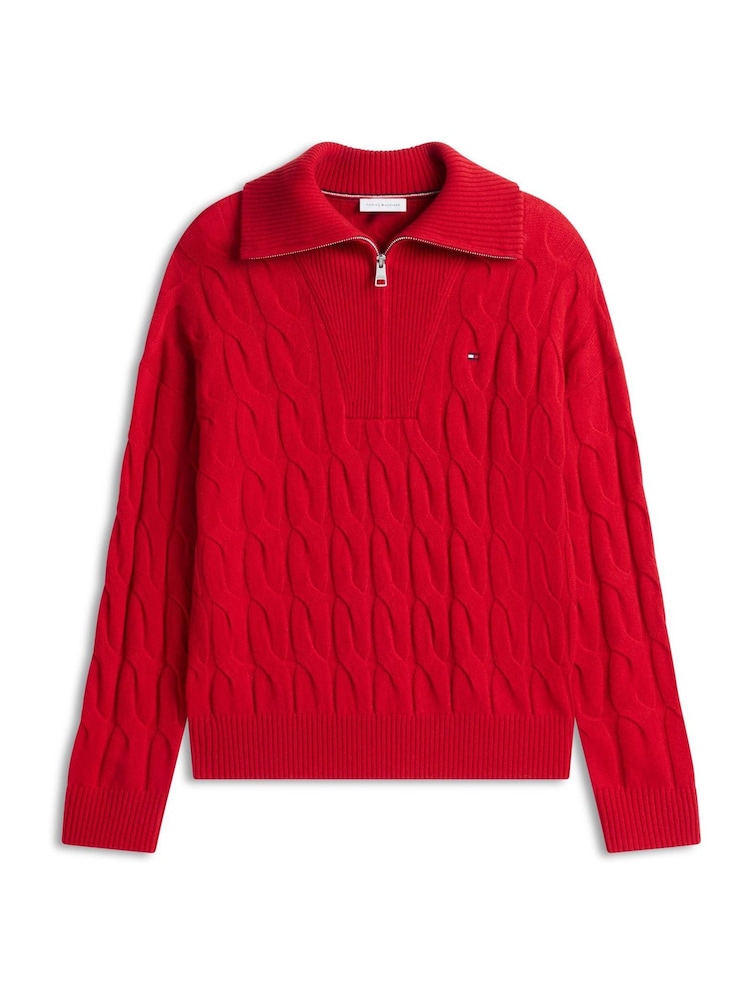 Tommy Hilfiger Red Pure Wool Cable Knit Quarter-Zip Jumper - Image 5 of 5