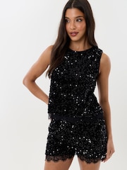 Threadbare Black Sequin Shell Top with Lace Trim - Image 2 of 5