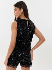 Threadbare Black Sequin Shell Top with Lace Trim - Image 3 of 5