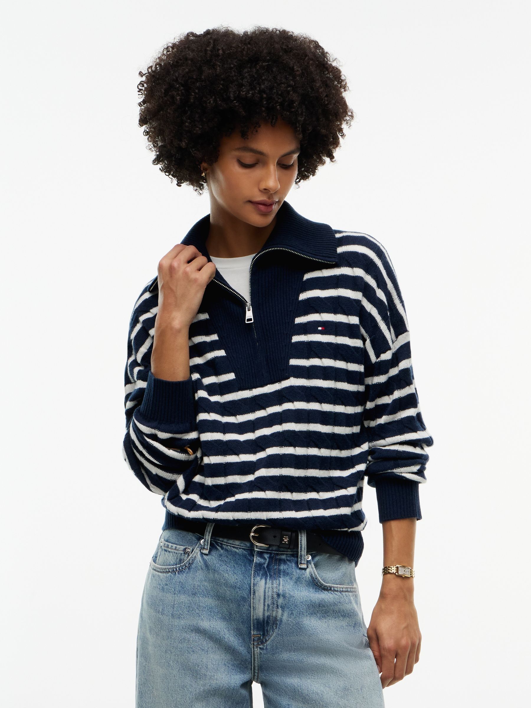 Tommy Hilfiger Women's Wool Cable Knit 1/4 Zip Jumper - Stripe Ivory - Size 16 (XL) - Image 2