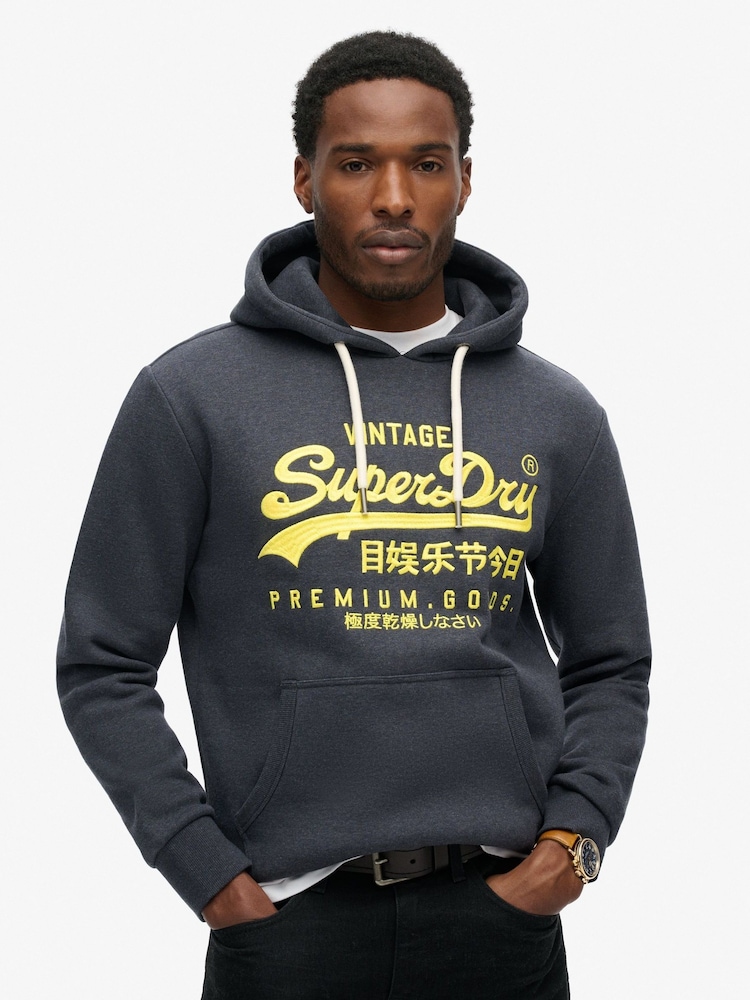 Superdry Eclipse Navy Marl Neon Vintage Logo Graphic Hoodie - Image 1 of 5