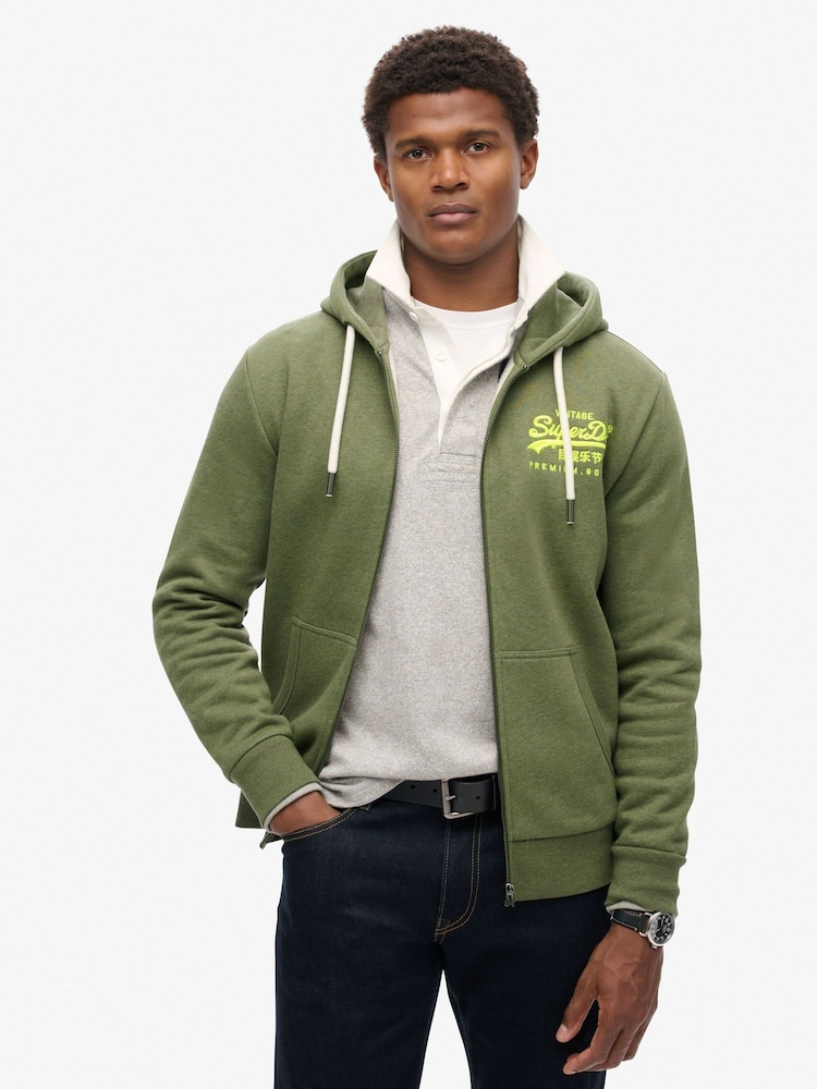 Superdry Thrift Olive Marl Neon Graphic Zip Hoodie - Image 1 of 2