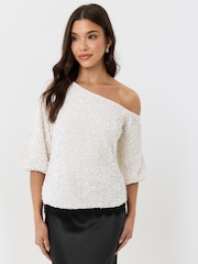 Threadbare White Sequin Slash Neck Puff Sleeve Top - Image 1 of 4