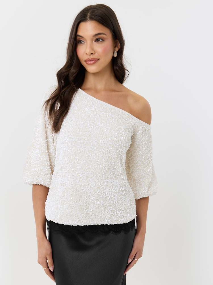Threadbare White Sequin Slash Neck Puff Sleeve Top - Image 1 of 4 Threadbare White Sequin Slash Neck Puff Sleeve Top - Image 1 of 4