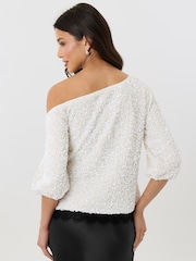Threadbare White Sequin Slash Neck Puff Sleeve Top - Image 2 of 4