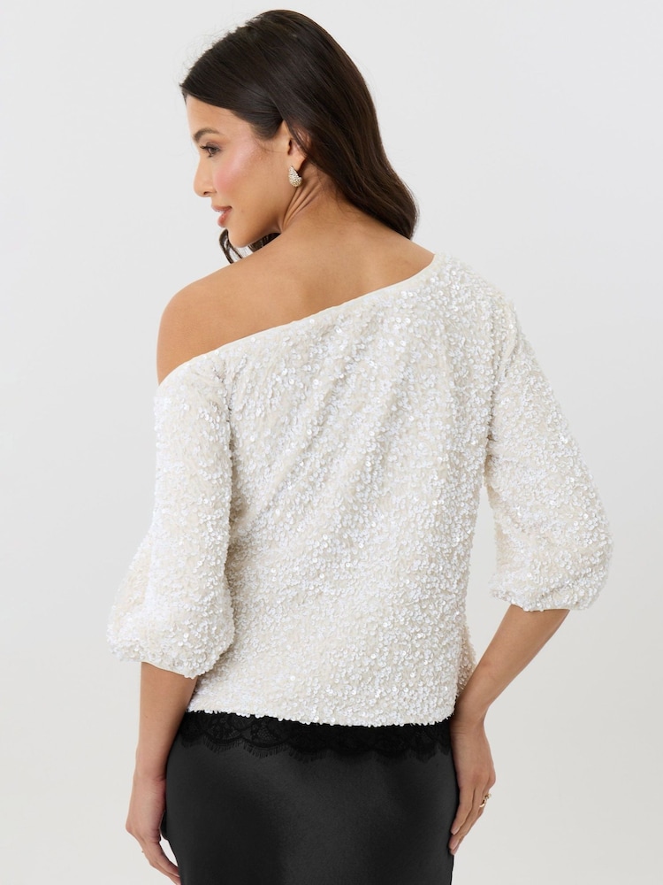 Threadbare White Sequin Slash Neck Puff Sleeve Top - Image 2 of 4 Threadbare White Sequin Slash Neck Puff Sleeve Top - Image 2 of 4