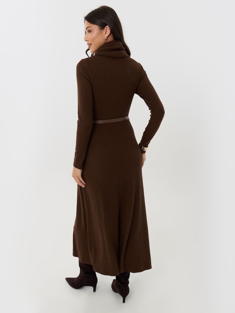 Threadbare Brown Petite Ribbed Roll Neck Maxi Dress with Belt - Image 2 of 4 Threadbare Brown Petite Ribbed Roll Neck Maxi Dress with Belt - Image 2 of 4