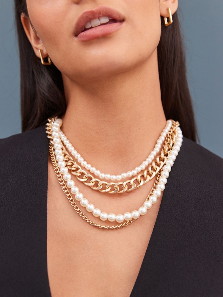 Gold Tone Pearl Chain Multi Layer Necklace - Image 1 of 6