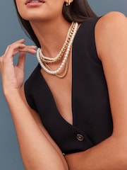 Gold Tone Pearl Chain Multi Layer Necklace - Image 2 of 6