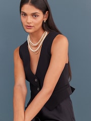 Gold Tone Pearl Chain Multi Layer Necklace - Image 3 of 6