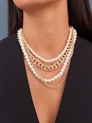 Gold Tone Pearl Chain Multi Layer Necklace - Image 4 of 6