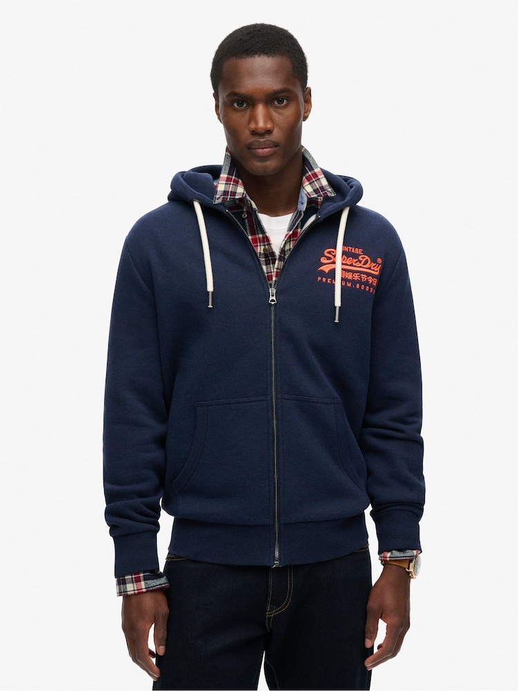 Superdry Rich Navy Marl Neon Graphic Zip Hoodie - Image 1 of 7