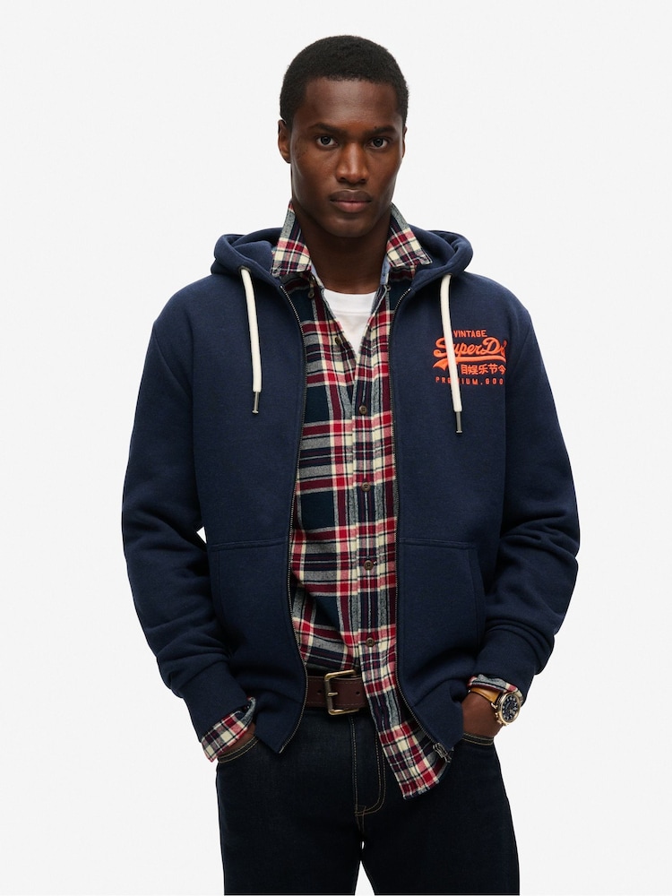 Superdry Rich Navy Marl Neon Graphic Zip Hoodie - Image 3 of 7