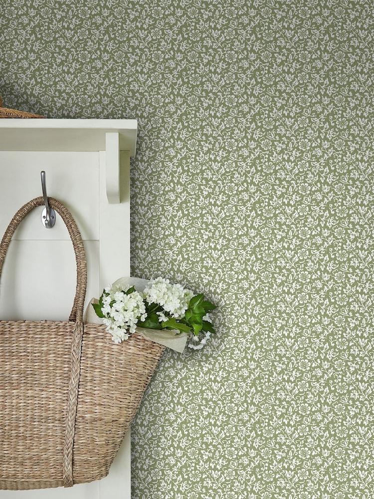 Laura Ashley Moss Green Sweet Alyssum A4 Wallpaper Sample - Image 1 of 2