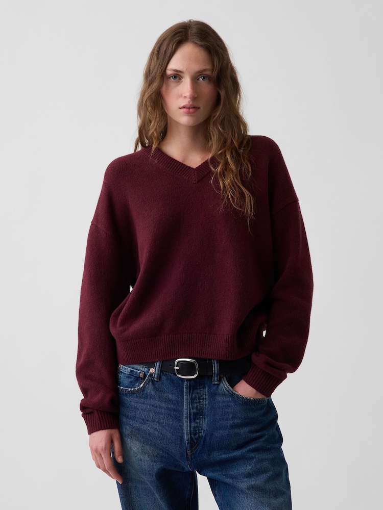 Gap Burgundy Red CashSoft Oversized V-Neck Jumper - Image 1 of 4