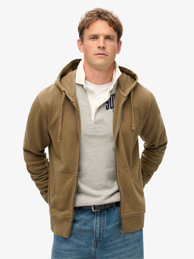 Superdry Washed Teak Brown 100% Cotton Contrast Stitch Zip Hoodie - Image 1 of 6