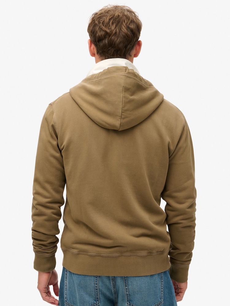 Superdry Washed Teak Brown 100% Cotton Contrast Stitch Zip Hoodie - Image 2 of 6