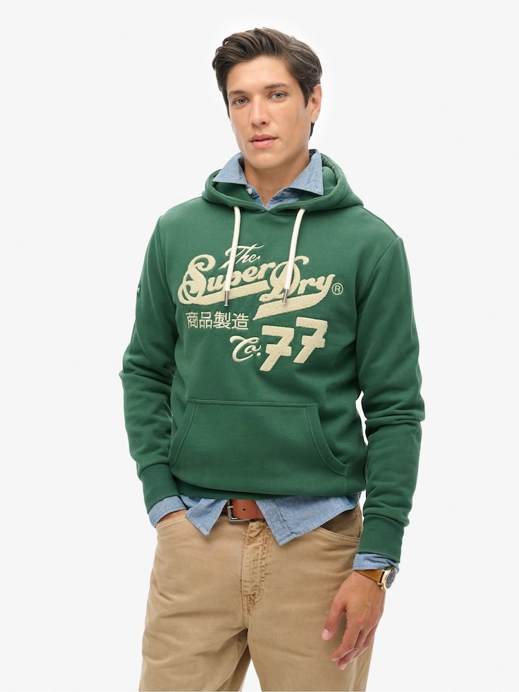 Superdry Academy Green Embroider Script Graphic Hoodie - Image 1 of 5