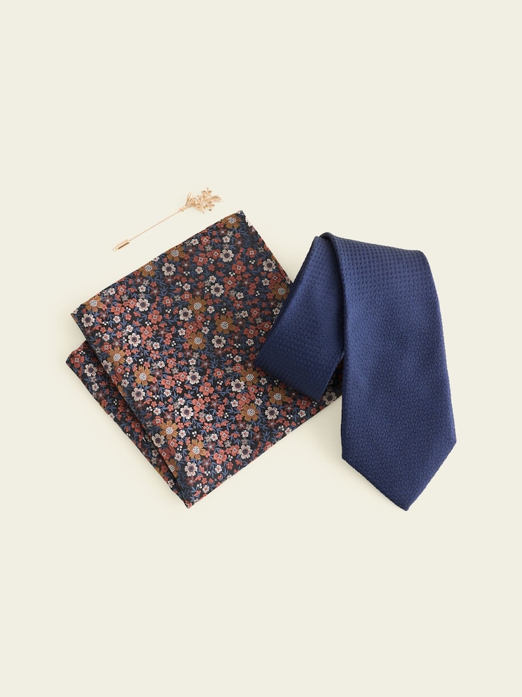 Navy Blue Tie Pocket Square And Pin Set - Image 2 of 5 Navy Blue Tie Pocket Square And Pin Set - Image 2 of 5
