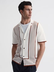 Reiss White/Camel Heath Striped Cuban Collar Shirt - Image 1 of 4