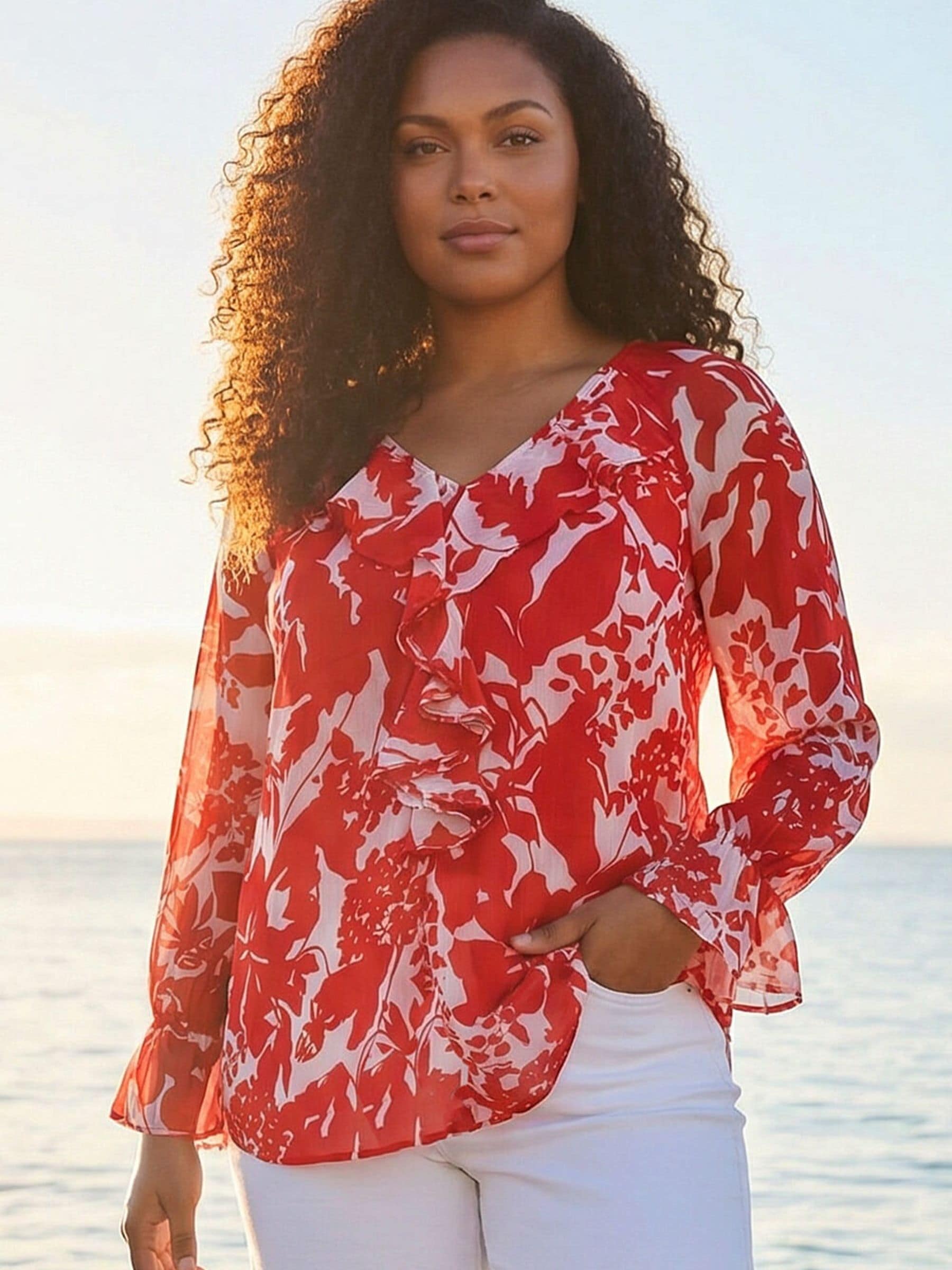 Roman Women's Red Curve Floral Frill Front Top