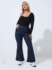 Yours Curve Blue Limited Seam Detail Flared Jeans - Image 2 of 7