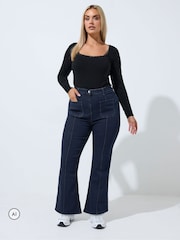 Yours Curve Blue Limited Seam Detail Flared Jeans - Image 3 of 7